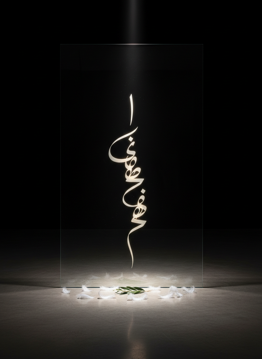 A large, frameless glass panel standing upright on a polished concrete floor, its surface engraved with a single, elegant line of calligraphy in a foreign script, illuminated by a narrow beam of overhead light. Around the base of the panel lie small, neatly arranged white feathers and a single olive leaf, their soft textures contrasting with the cool solidity of the glass. The background recedes into a deep, velvety shadow, emphasizing the glowing inscription. Captured in photographic realism at eye level with a narrow depth of field, this sophisticated, almost gallery-like composition feels contemplative and reverent, evoking the weight of a promise made in silence and the translation of spiritual insight into a clear, peaceful life direction.