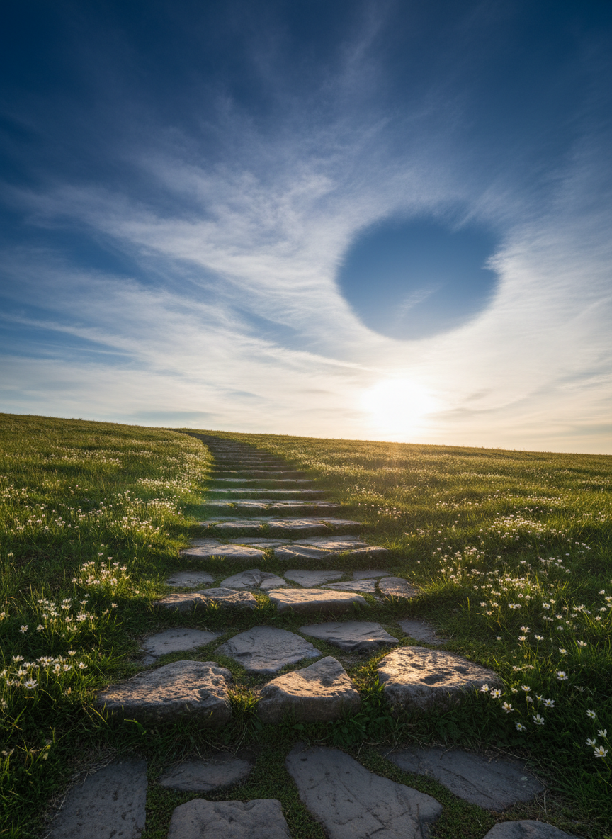 A simple, weathered stone path leading upward along a gentle hillside, each stone carefully laid and lightly worn, bordered by low, manicured grasses and small white wildflowers. The path ascends toward a bright, expansive sky where soft, feathered clouds open to reveal a clear patch of radiant blue. Late afternoon golden light grazes the stones, revealing subtle textures and casting elongated, delicate shadows. Shot in photographic realism from a low angle at the beginning of the path, using the rule of thirds so that the path draws the eye upward into the sky. The mood is hopeful and aspirational, symbolizing the journey of living out profound words in daily steps, moving steadily toward a higher vision of true peace.