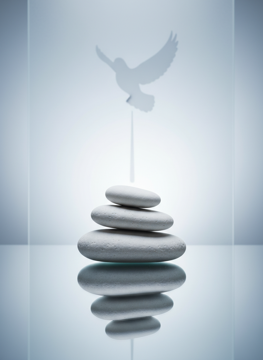 A meticulously arranged still life of three smooth, white river stones stacked in perfect balance atop a glass surface, their reflections crisp and undistorted. Behind them, a faintly etched, frosted-glass backdrop features a delicate outline of a dove in flight and a fine, vertical line resembling a beam of light descending. Cool, diffused studio lighting gently wraps around the stones, creating soft highlights and subtle gradients of gray and white. The composition is minimalist and centered, with a shallow depth of field isolating the stones and their reflection. Executed in photographic realism with a sophisticated, modern aesthetic, the scene conveys harmony between heaven and earth, the equilibrium of word and action, and a refined vision of stable, enduring peace.