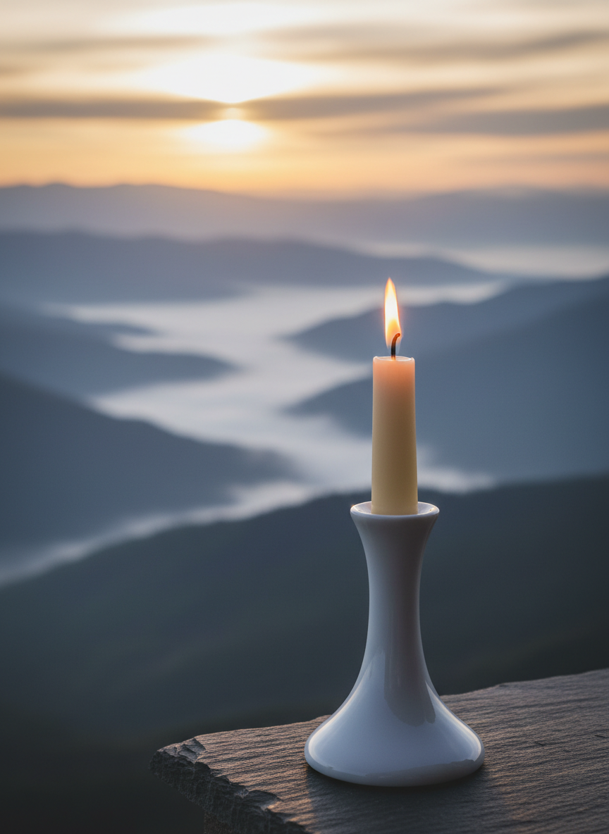 A slender white porcelain candle holder supporting a single tall, ivory candle, its flame steady and bright, placed at the edge of a dark slate ledge. Behind it, a vast panoramic view of layered, mist-covered mountains stretches toward a luminous horizon where soft golden light breaks through low clouds. The flame’s warm glow subtly reflects on the smooth porcelain surface, contrasting with the cool blue-gray tones of the distant landscape. Captured in photographic realism from a slightly elevated angle, with the candle in sharp focus and the mountains rendered in a gentle bokeh. The mood is serene and reverent, suggesting a quiet covenant with heaven and a vision of enduring peace illuminated through steadfast, lived commitment.