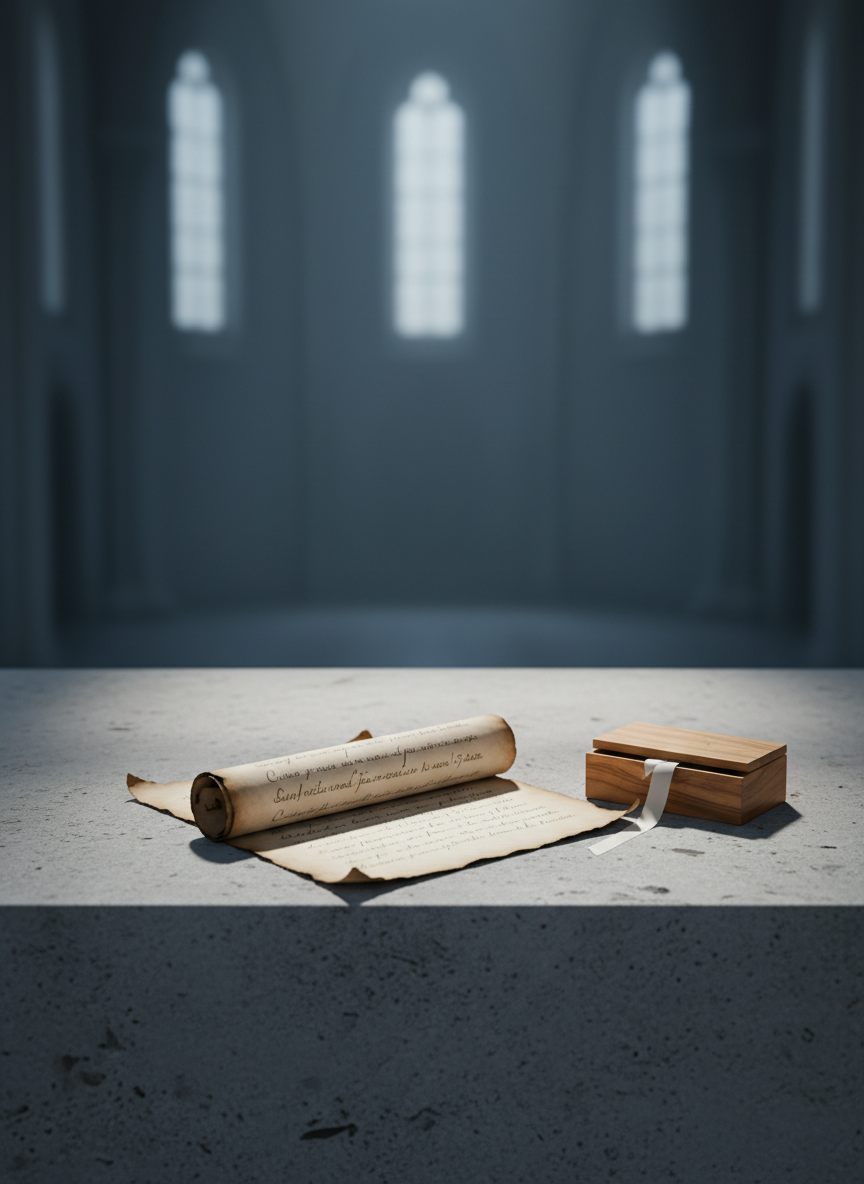 An open, delicately textured parchment scroll laid out on a minimalist stone altar, its surface engraved with faint, barely legible script in a graceful classical style. Beside it rests a small, polished olive-wood box slightly ajar, revealing a folded white ribbon inside. Soft, diffused afternoon light filters from an unseen high window, casting subtle highlights on the scroll’s edges and gentle shadows along the stone’s grain. The background fades into a blurred, cool-toned expanse, suggesting a spacious, contemplative hall. Photographic realism with a refined, symmetrical composition, eye-level perspective, and moderate depth of field. The atmosphere feels sacred yet understated, conveying the gravity of a promise made with heaven and the quiet strength of vows that translate into concrete, peaceful actions.