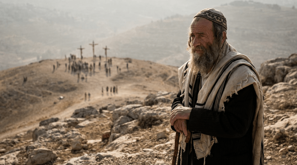 An elderly Jewish man in a prayer shawl looks on as three crosses stand atop a distant hill.